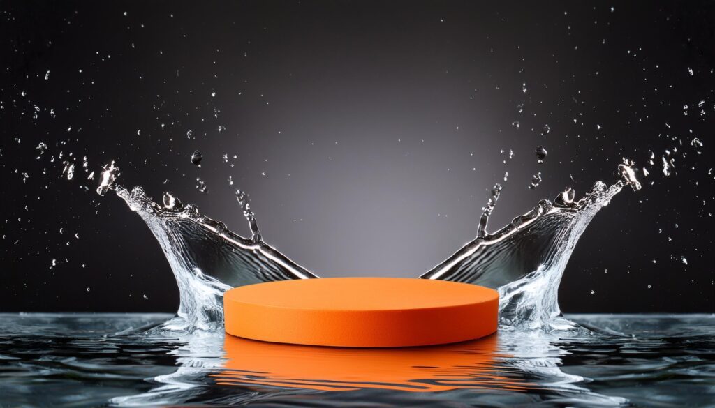 empty orange podium mockup with water splash on a gradient background for product display Stock Free