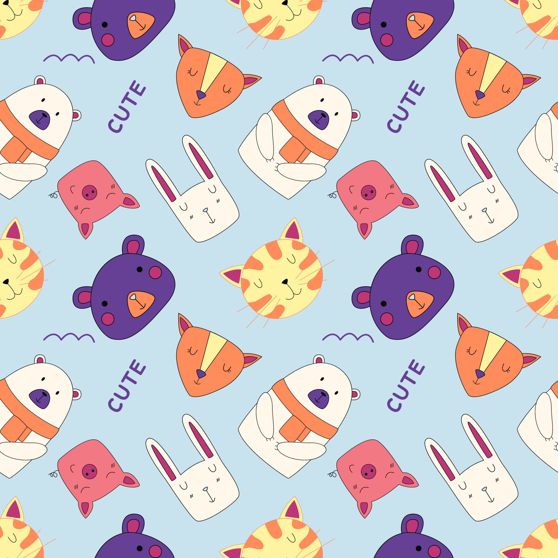 Seamless Pattern With Cute Animal Faces In Doodle Style. Childrens Print For Fabric, Notebooks, Wrapping Paper. Free Vector