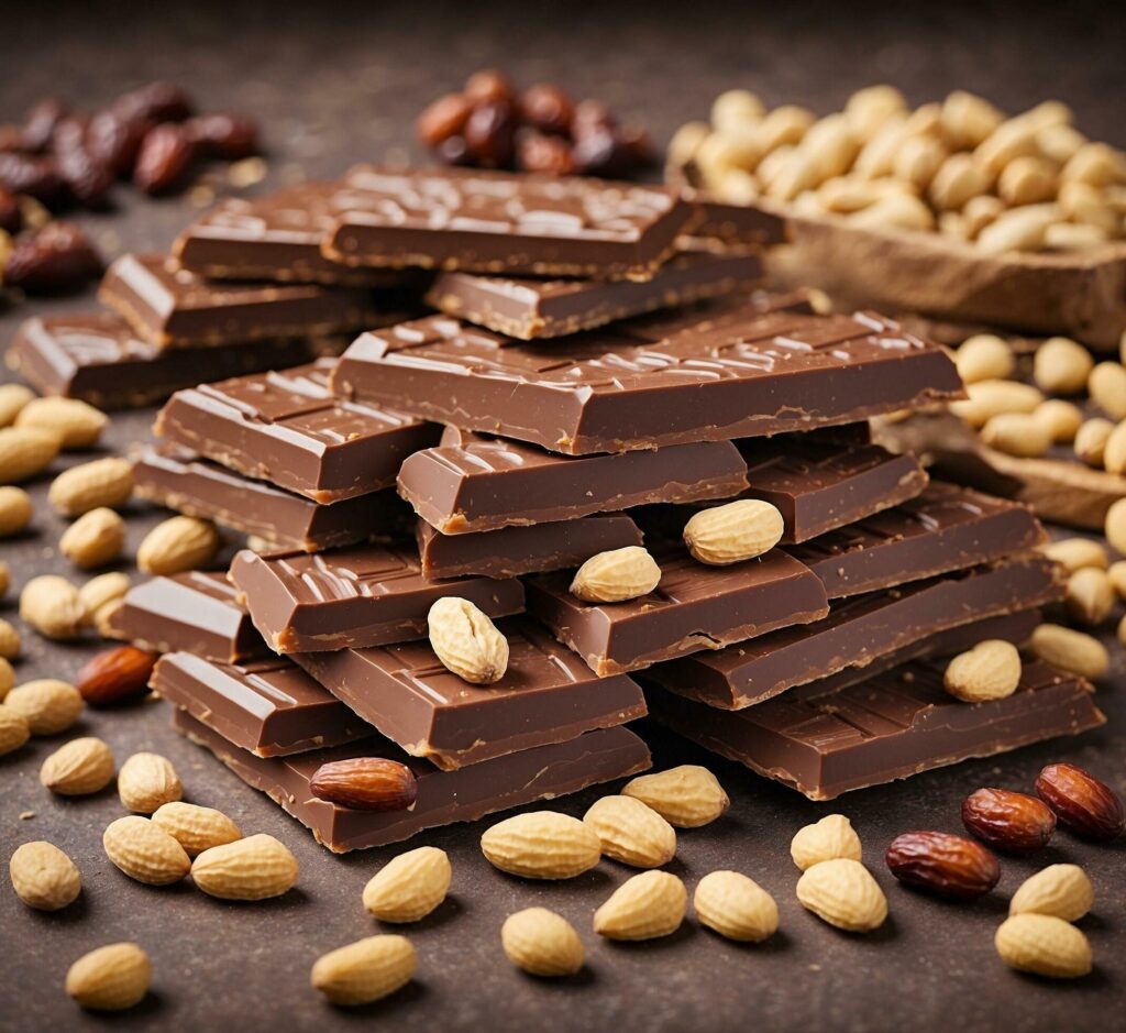 Chocolate bars with nuts on a dark background. Selective focus. Free Photo