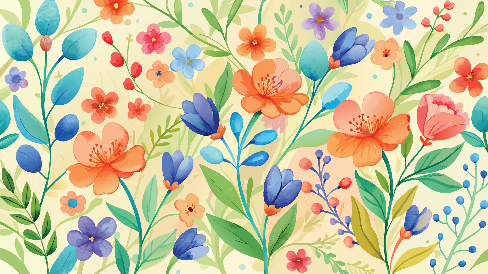 watercolor Seamless pattern with colorful flowers and leaves. Vector Free Vector