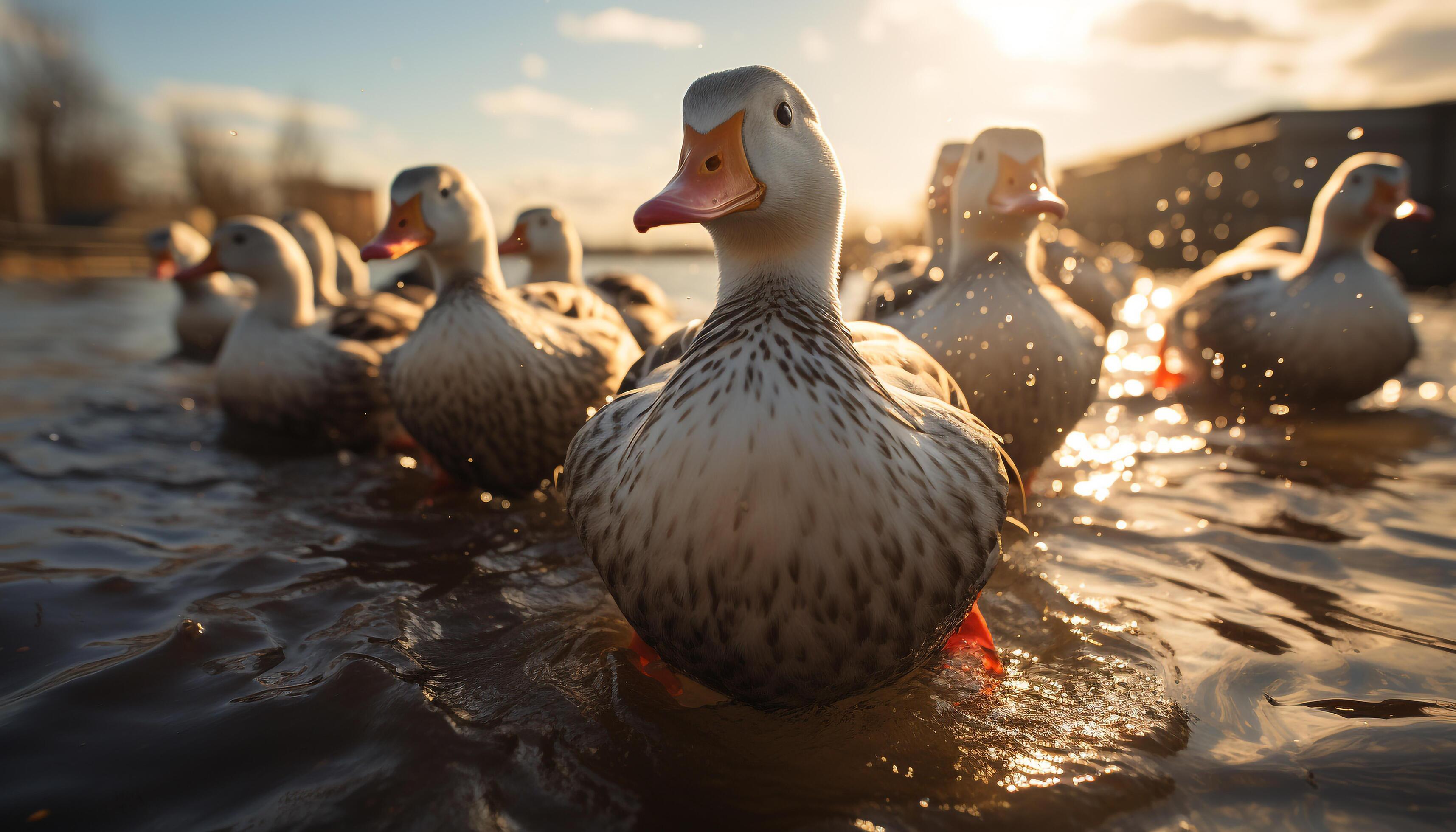 AI generated Duck family swimming in pond, enjoying nature beauty generated by AI Stock Free