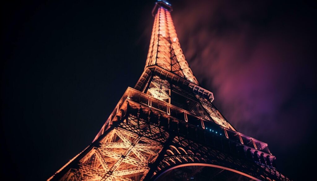 Eiffel Tower illuminates Parisian night skyline majestically generated by AI Stock Free