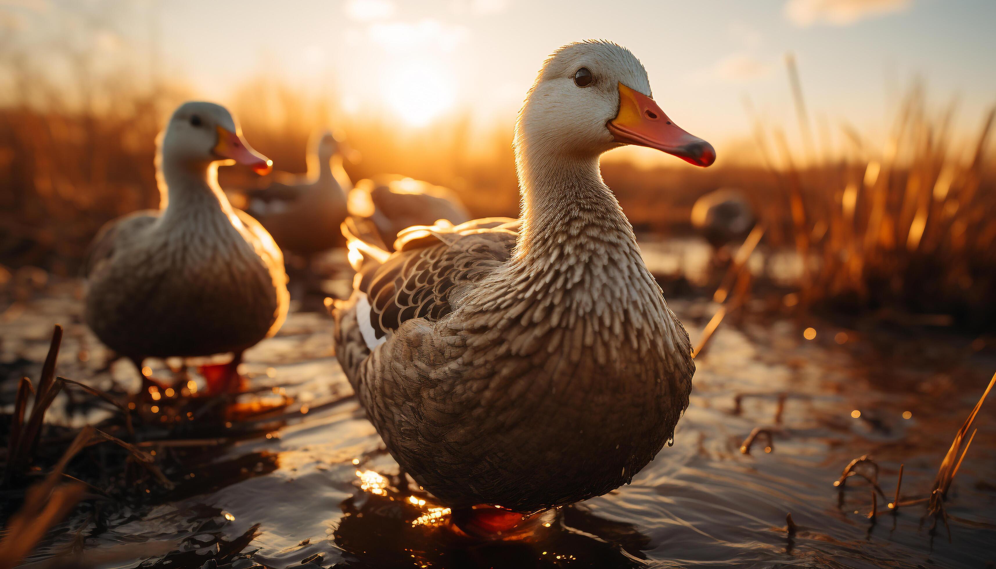 AI generated Duck family quacking at sunset, reflecting beauty in nature generated by AI Stock Free