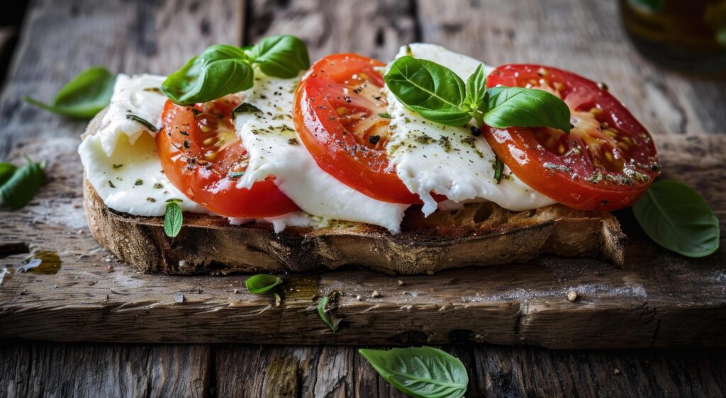 a sandwich with mozzarella cheese and tomatoes on top Free Photo