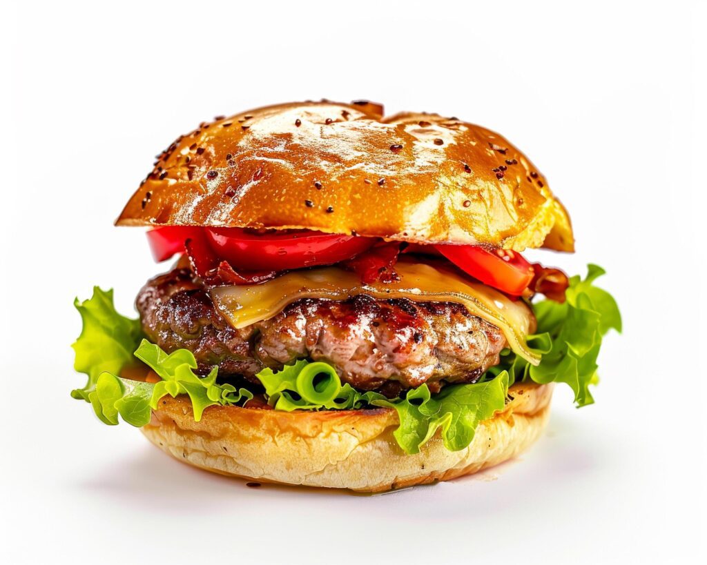 a hamburger with lettuce, tomato and cheese on a white background Stock Free