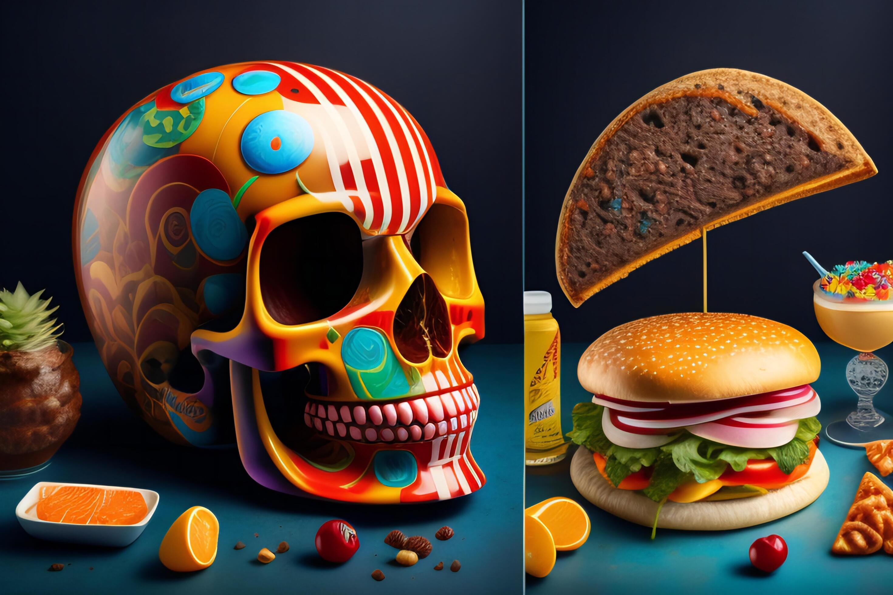 the anatomy of a zoombie head made of junk food. Stock Free