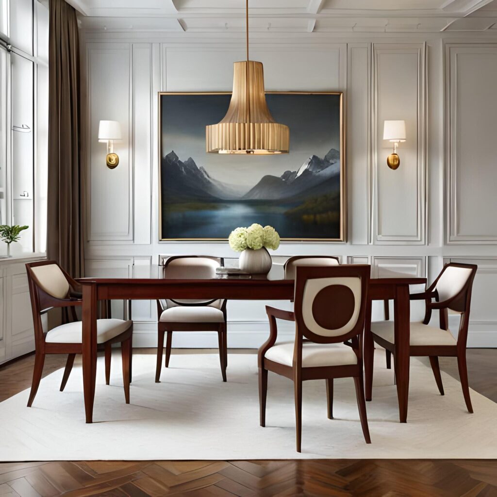 wooden table chairs in a luxurious and classic dining area. . Stock Free