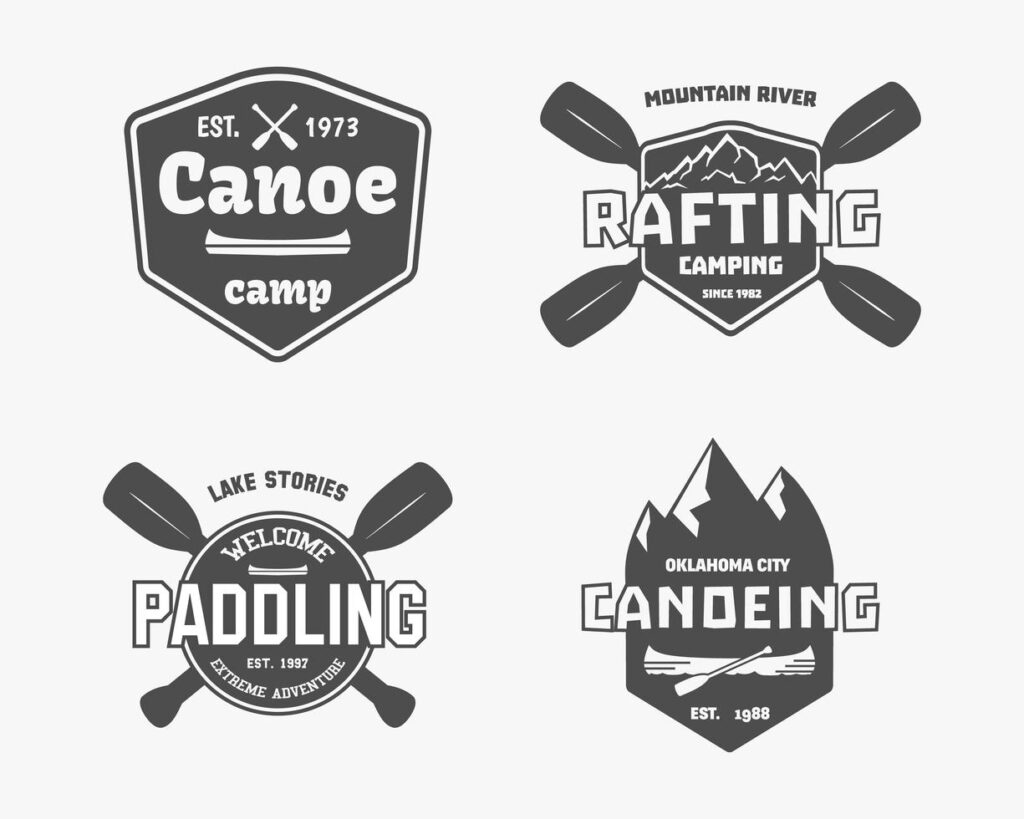 Set of vintage rafting, kayaking, canoeing camp logo, labels and badges. Stylish Monochrome design. Outdoor activity theme. Vector Stock Free