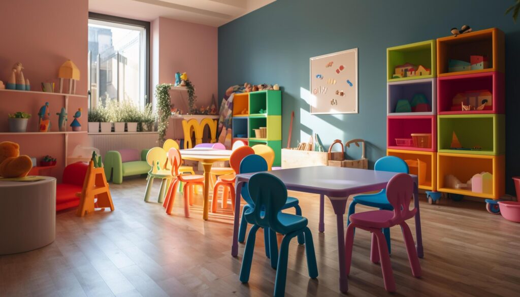 Colorful playroom with toys and educational materials generated by AI Stock Free