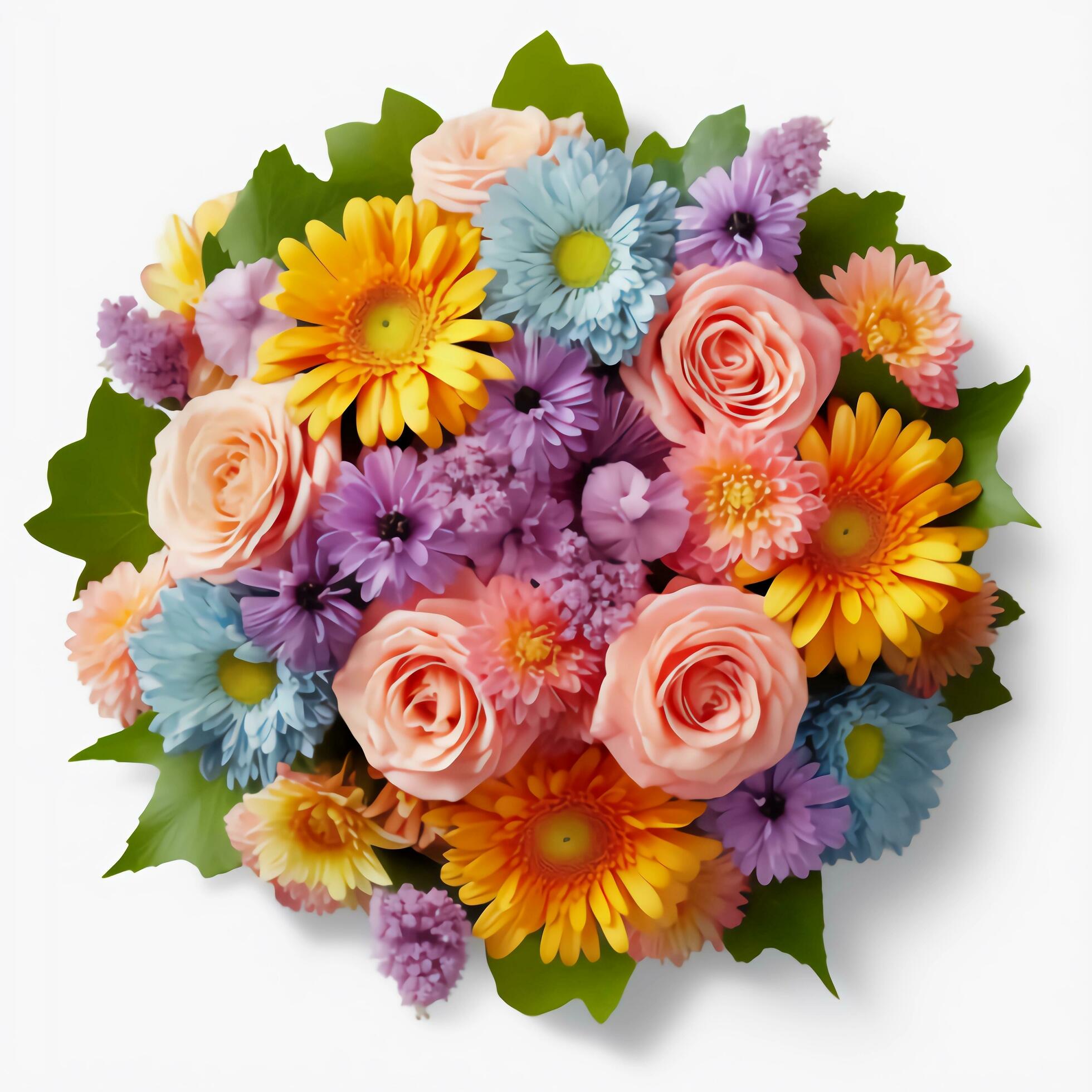 A top view of a bouquet of various colorful flowers. Isolated white background. AI Generated. Stock Free