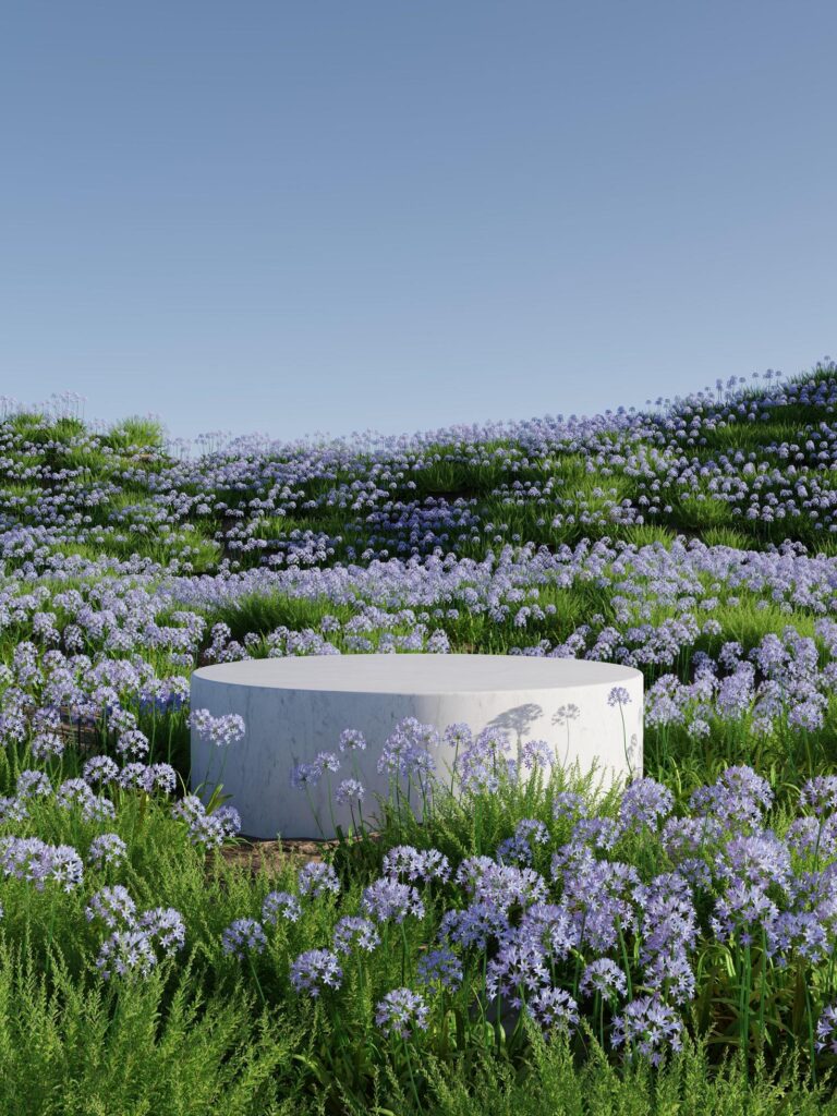 Podium on natural purple flower field 3D render illustration Stock Free