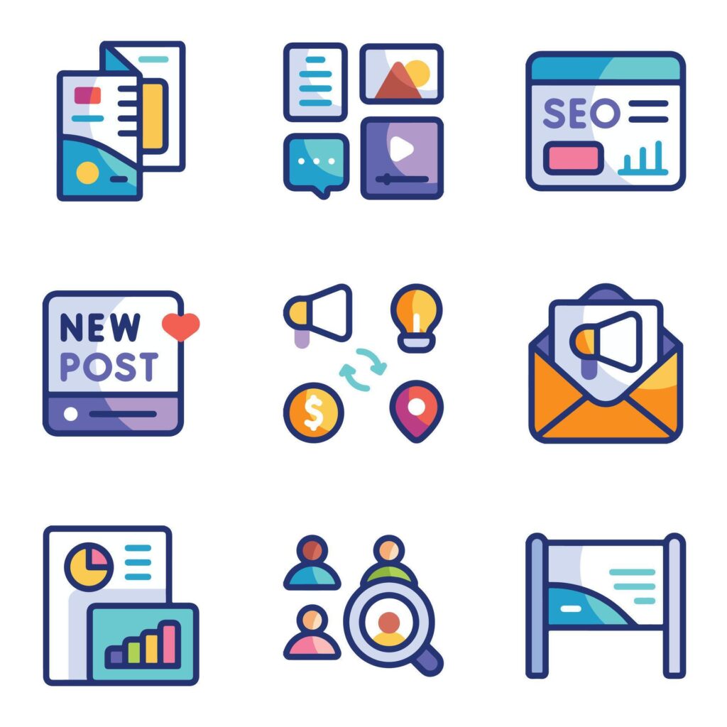 A set of marketing icons in a trendy linear style Stock Free