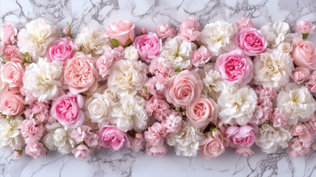 Pink and white roses placed on top of a marble background. Free Photo