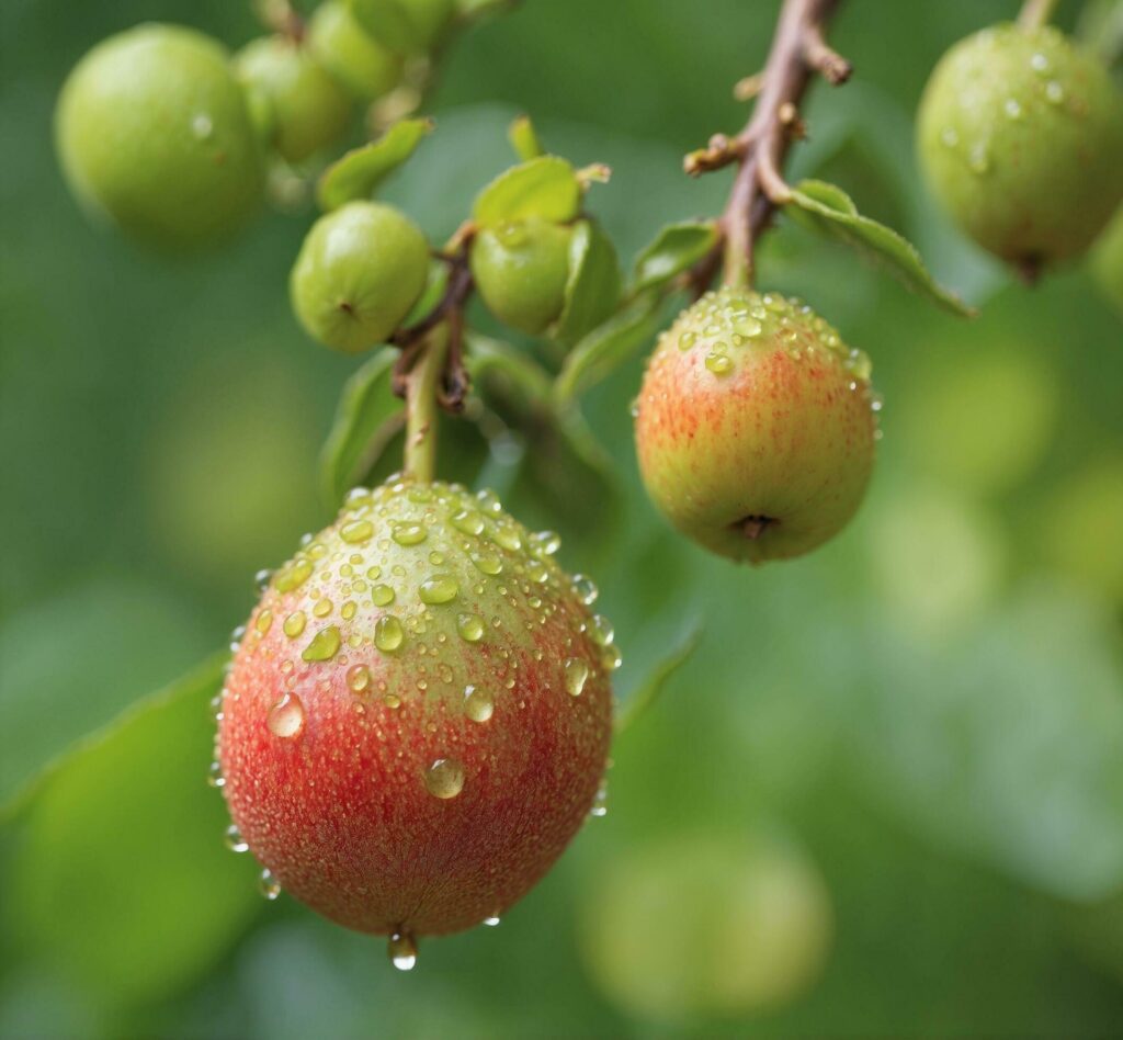 Close up of wet apples on a tree branch with dew drops Free Photo