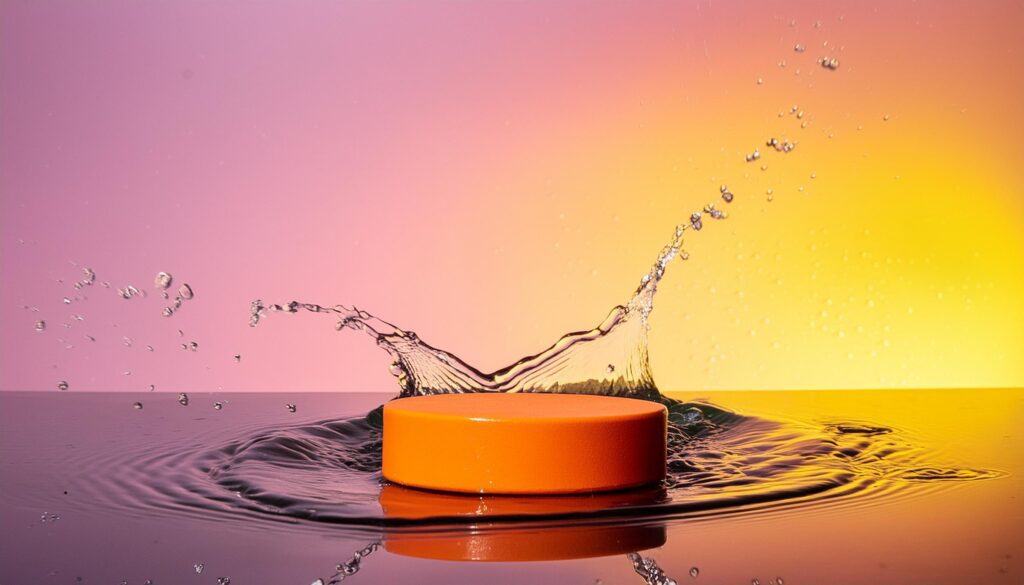 empty orange podium mockup with water splash on a gradient background for product display Stock Free