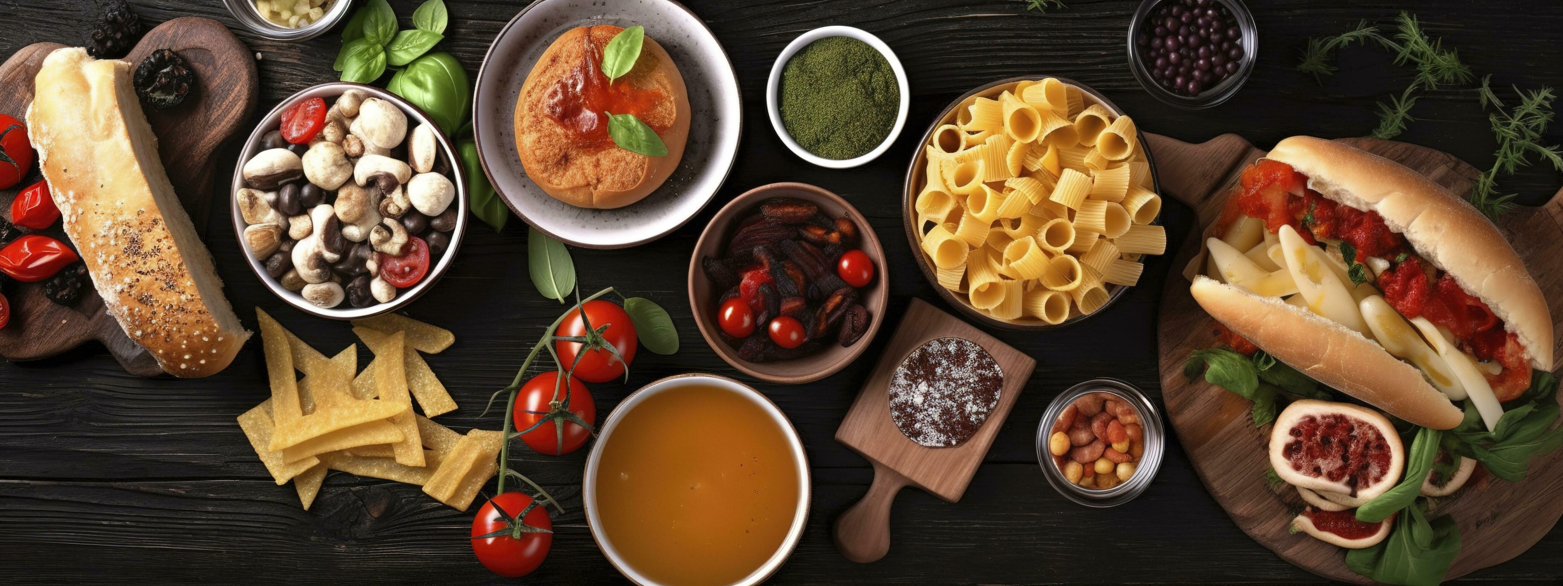 Table scene with a selection of delicious foods. Top view over a dark wood banner background, generate ai Stock Free