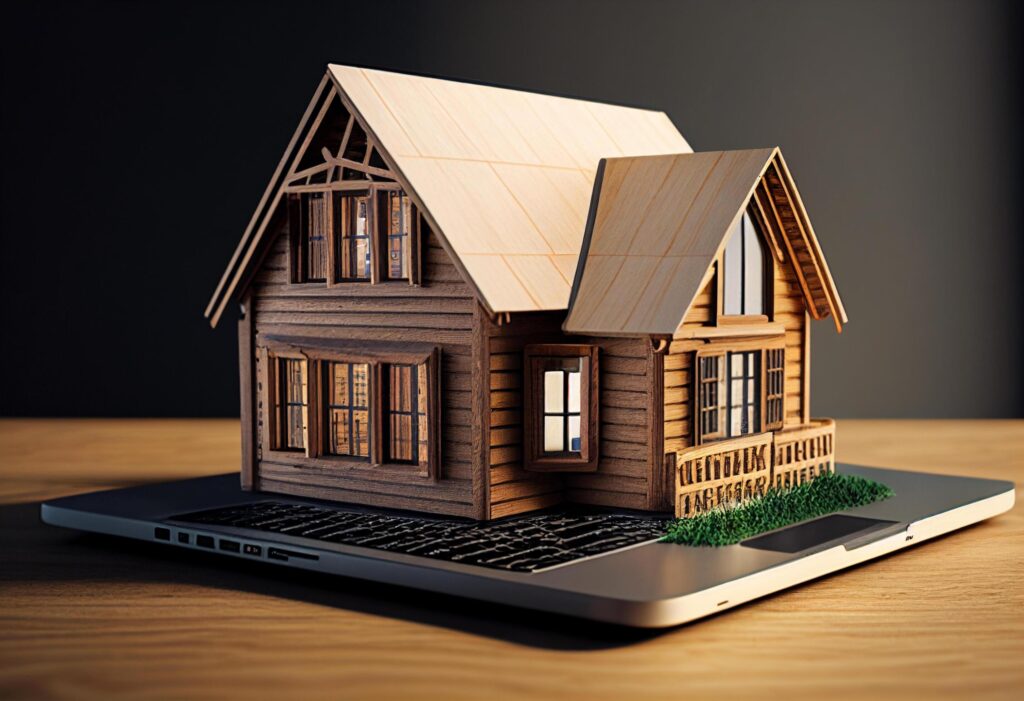 Real estate concept. Wooden house model on laptop screen. 3d illustration Stock Free