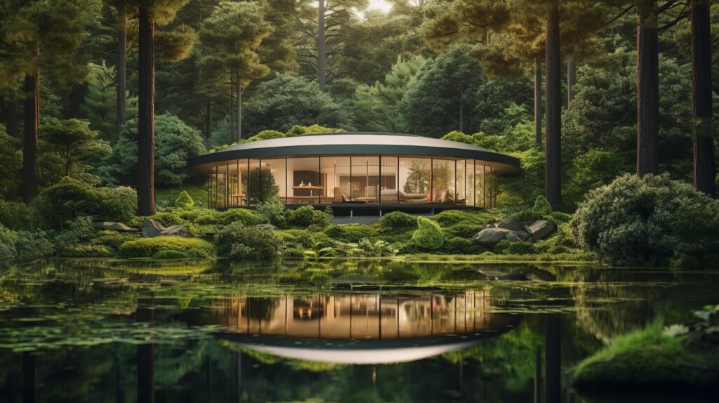 Form of a house-shaped pond located in a lush forest Illustration Stock Free