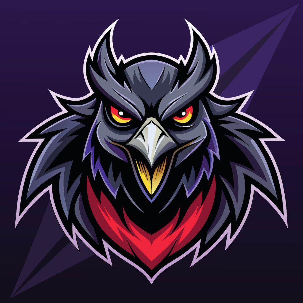 A black bird with red eyes stands out against a vibrant purple background, Intimidating Scary Crow Logo Mascot, Striking Free Vector