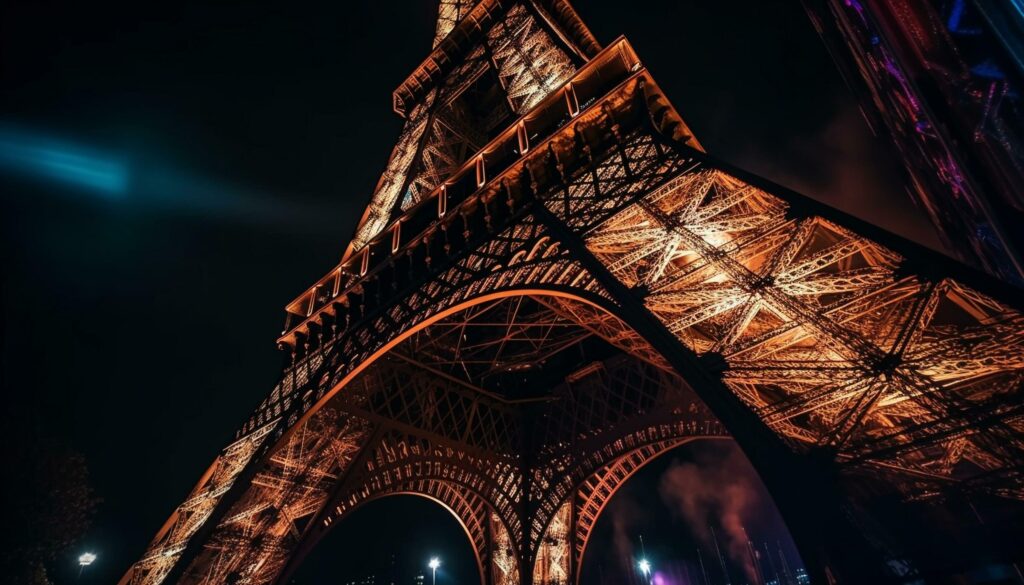 Majestic Eiffel Tower illuminates Paris at night generated by AI Stock Free