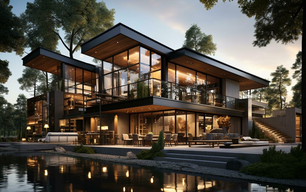 unique industrial architecture house in daylight, photo-realistic AI generative Stock Free