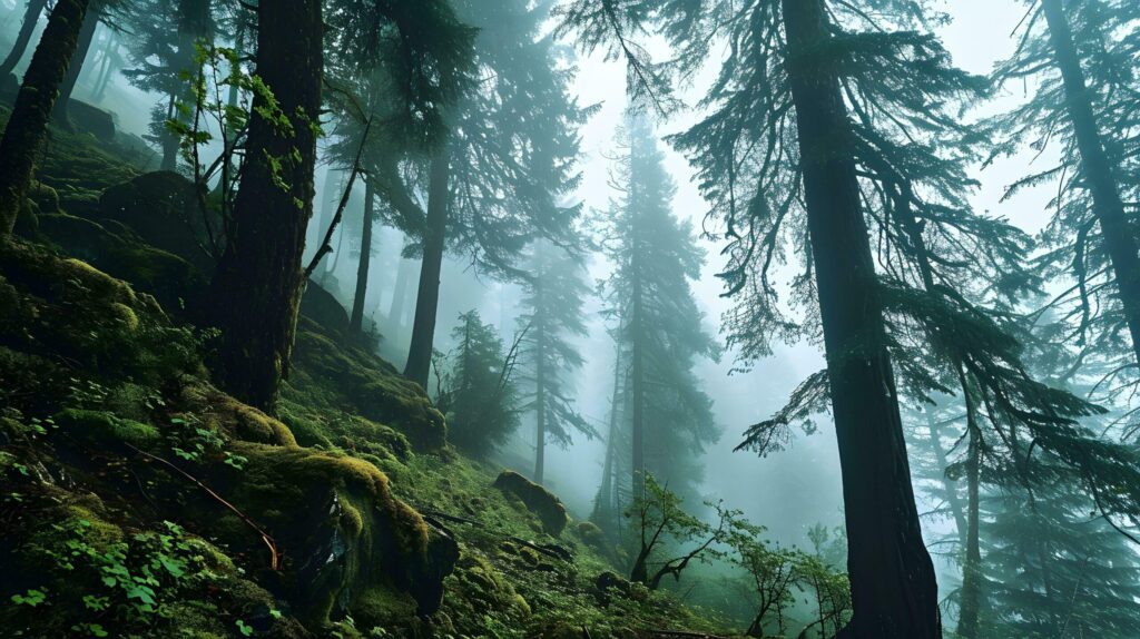 Veiled Majesty of a Foggy Mountain Forest Free Photo