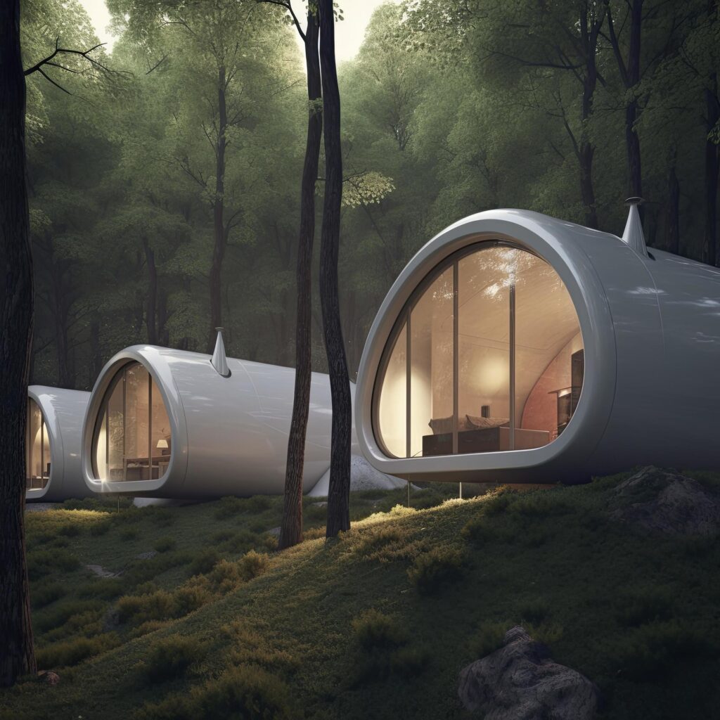 futuristic smart small homes inside the forest, Generate Ai Stock Free