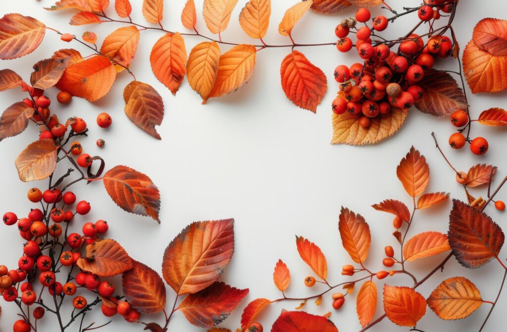 Autumn Leaves and Berries Frame on White Background Stock Free