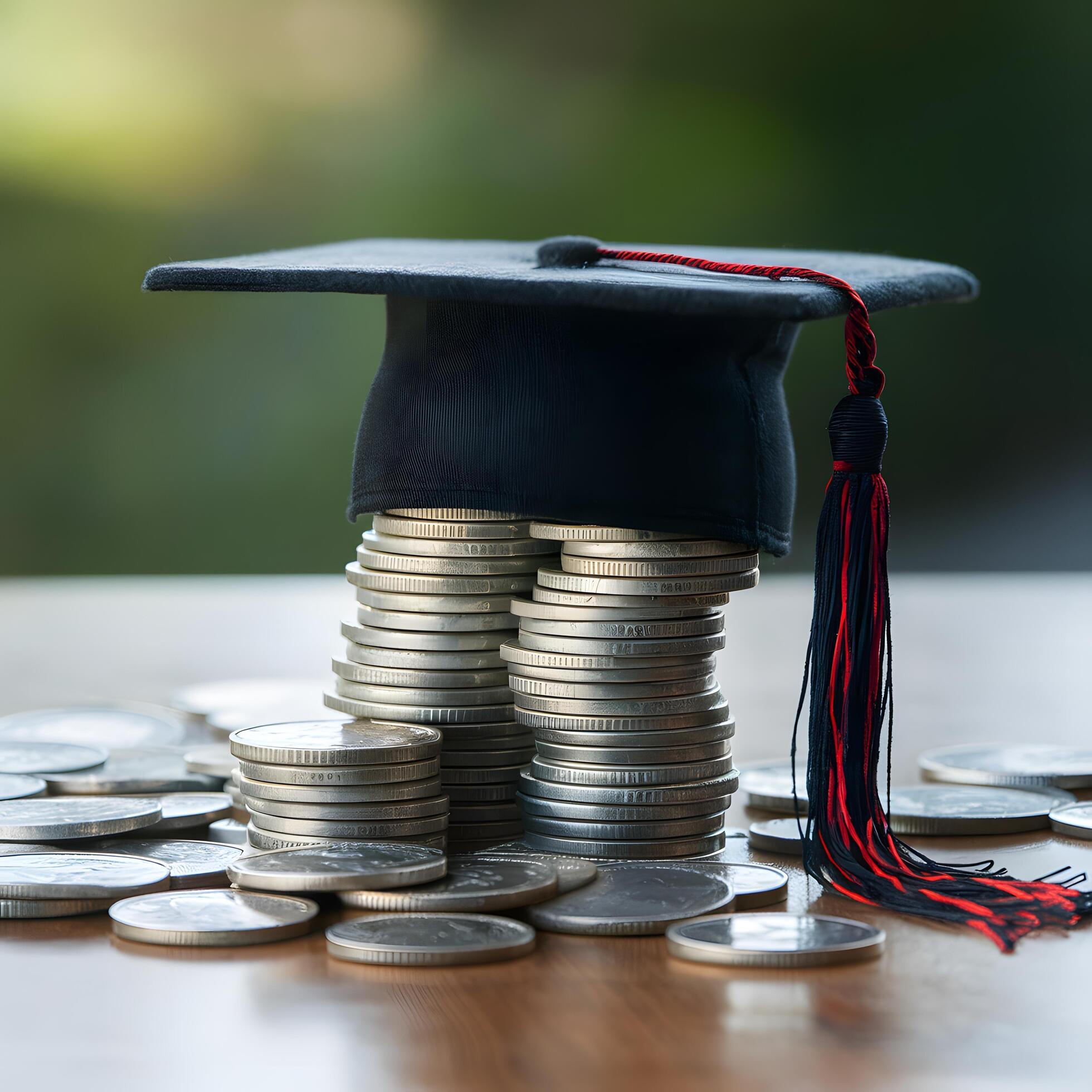 Graduation cap on stacked coins symbolizes education and achievement For Social Media Post Size Stock Free