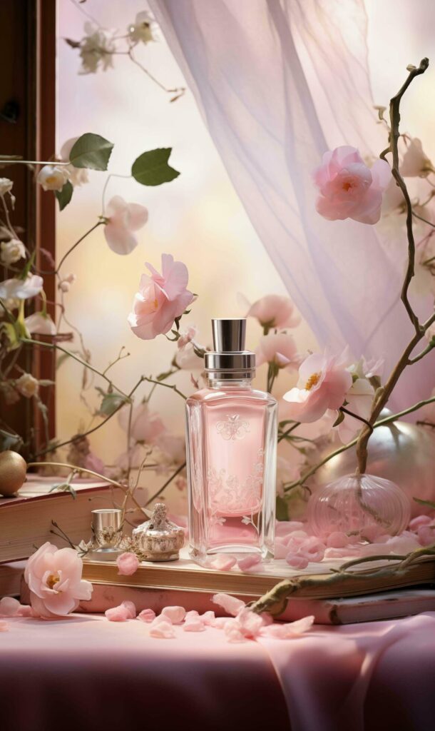 Perfume bottle on the background of the window with pink flowers Free Photo