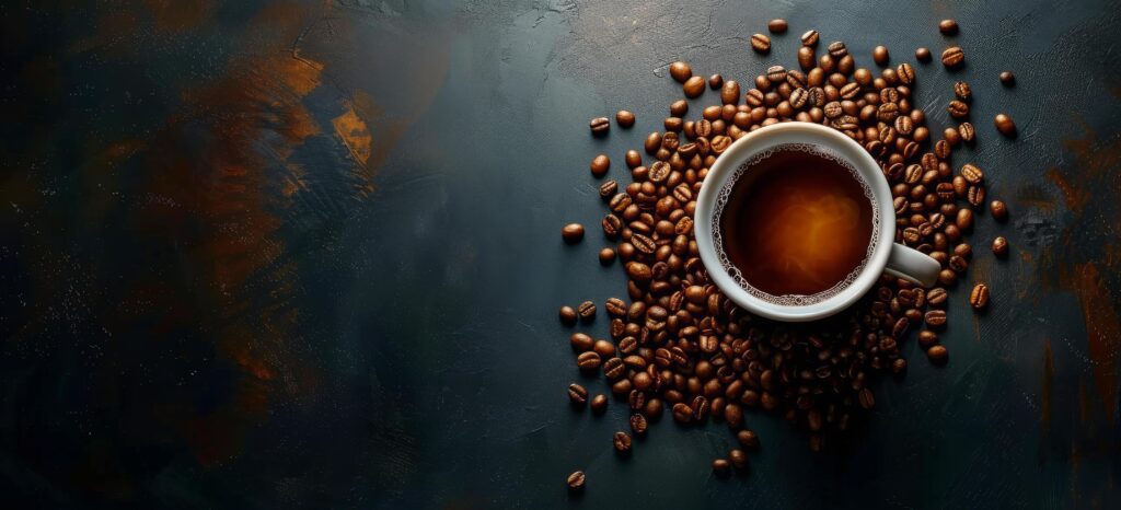 A Cup of Coffee Surrounded by Roasted Beans on a Dark Background Stock Free