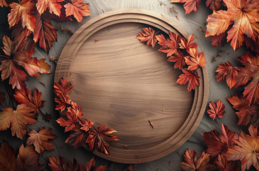 Wooden Plate Surrounded by Autumn Leaves on a Blue Background Stock Free