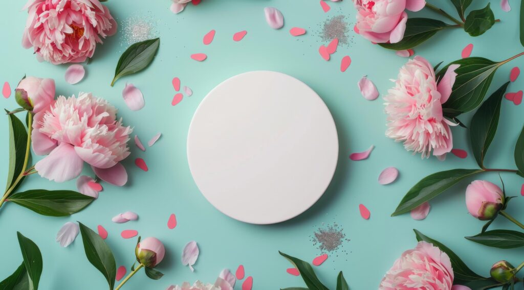 White Plate Surrounded by Pink Peonies and Green Leaves on a Pink Background Stock Free