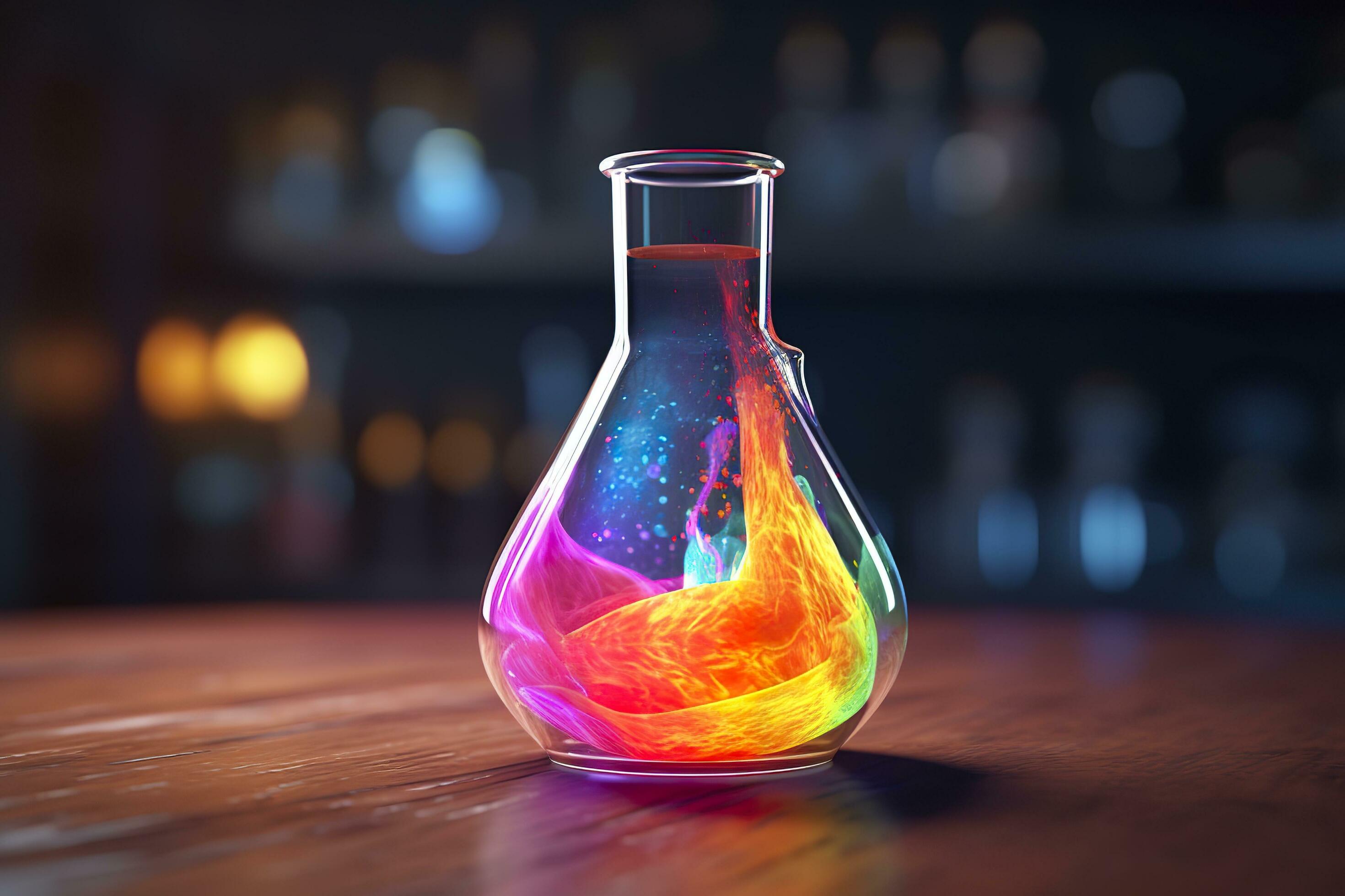 Close Up of a Science Beaker Filled with Multi Colored Liquids. AI Generative Stock Free