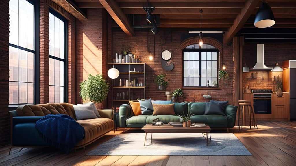 Interior of modern loft living room with brick walls, wooden floor, comfortable green sofa and coffee table. Stock Free