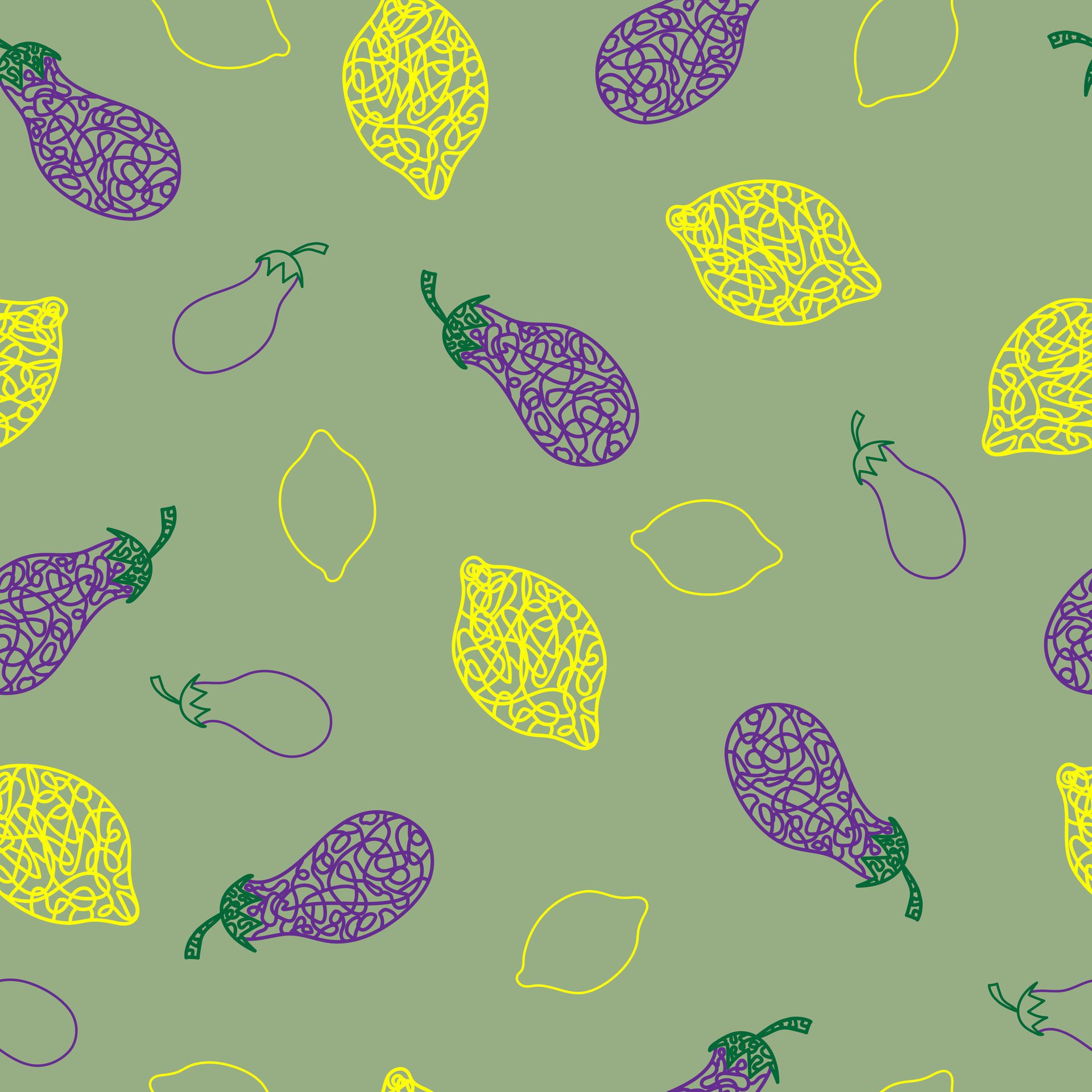 Seamless pattern with hand drawn lemon, eggplant on olive background in childrens naive style. Free Vector