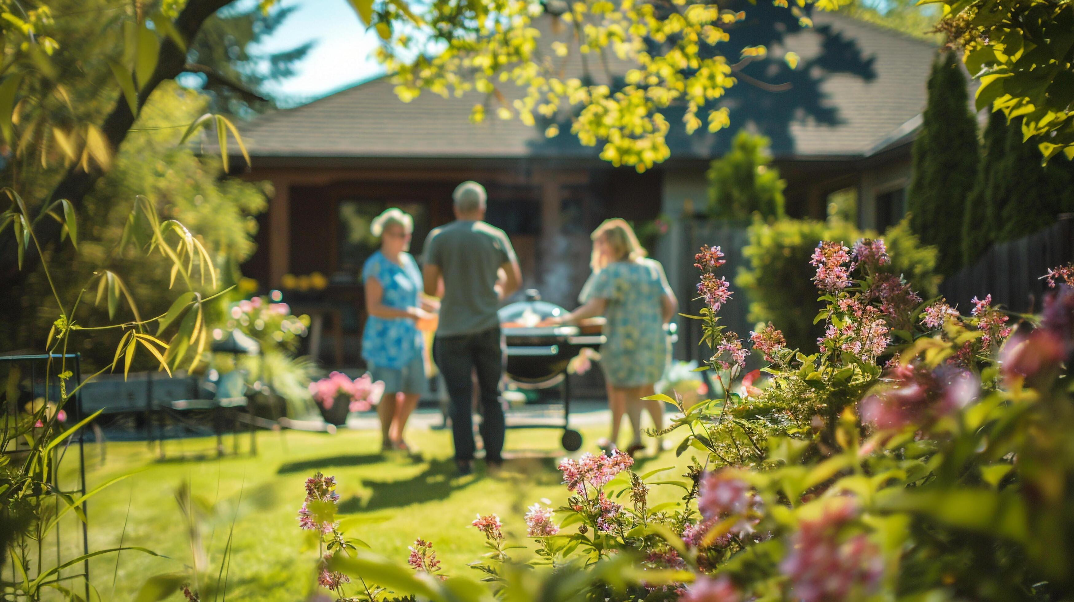 
									AI generated A family having a barbecue in their backyard surrounded by blooming flowers and greenery Stock Free