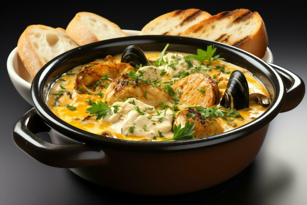 A delicious bouillabaisse soup food in a bowl. Marseille food and healthy protein soup meal concept by AI Generated Stock Free