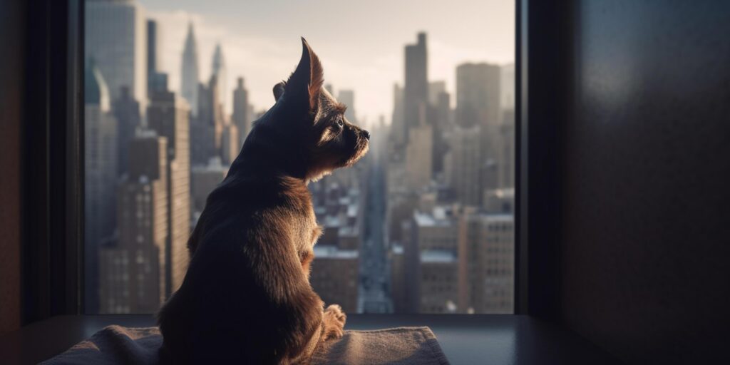 Longing Views A Dog Gazing Out of a High-Rise Window Onto a Bustling Cityscape Stock Free