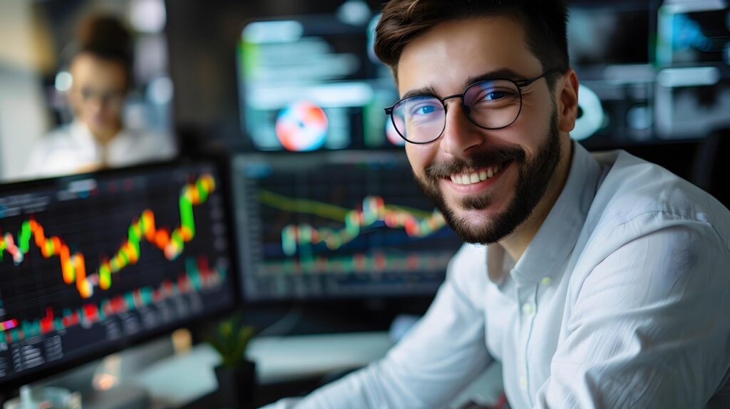 Joyful Young Business Analyst Reviewing Financial Data and Metrics on Multiple Computer Screens Stock Free