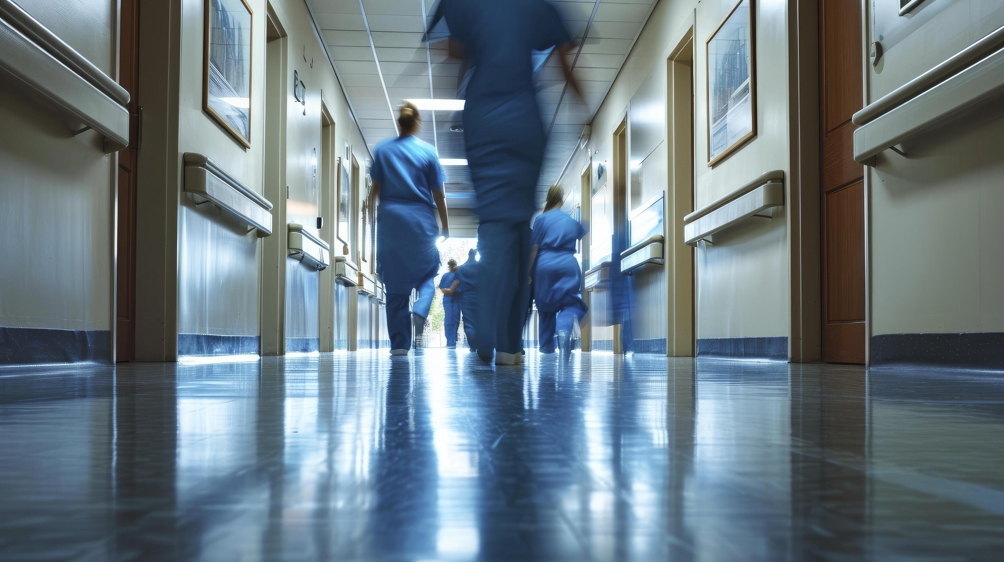 AI generated Long exposure blurred motion of medical doctors and nurses in a hospital ward wearing blue aprons, walking down a corridor Stock Free