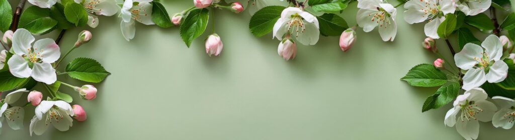 White Apple Blossoms and Pink Buds on a Green Background Stock Free