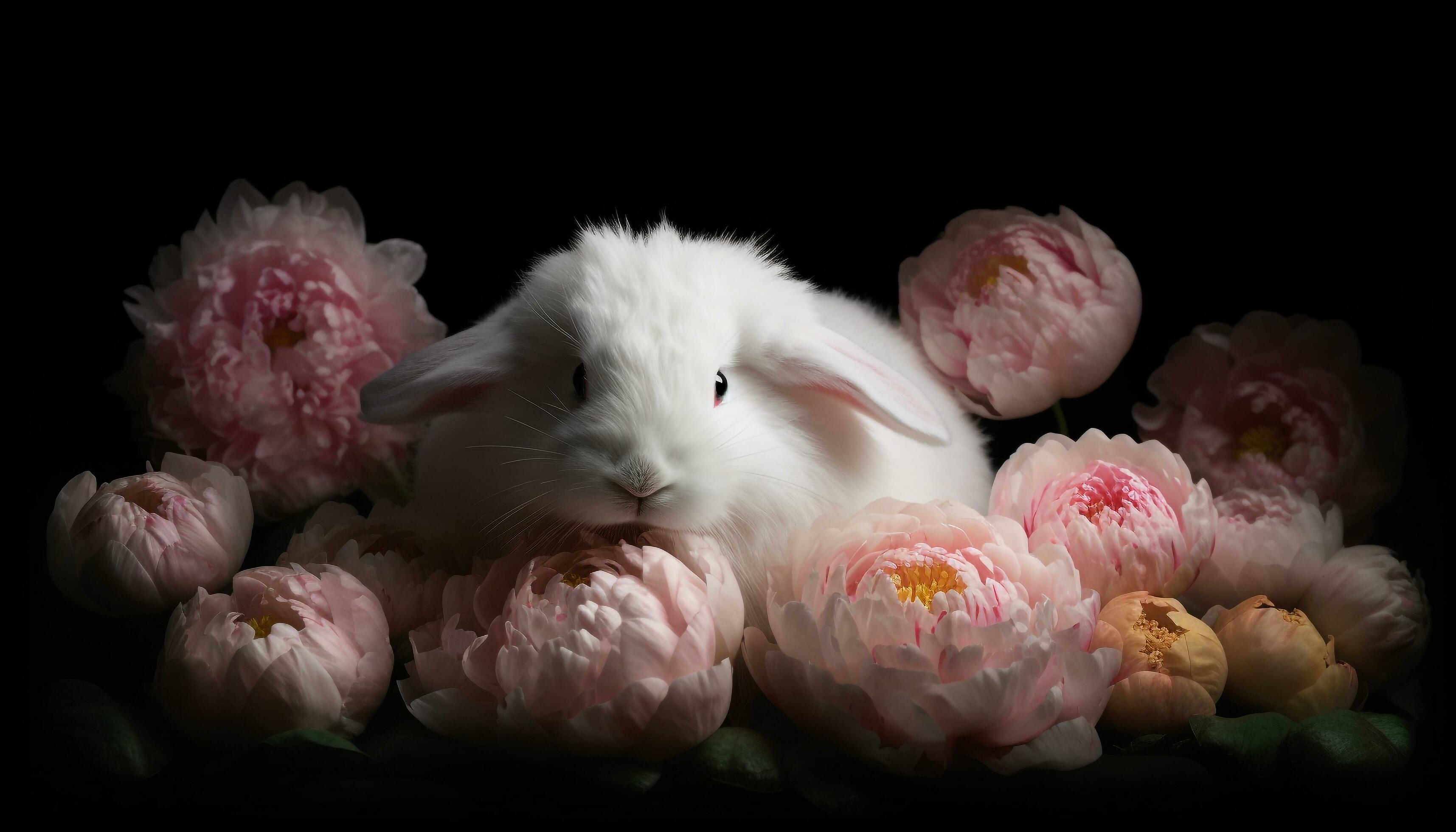 Fluffy baby rabbit sitting in pink flowers generated by AI Stock Free