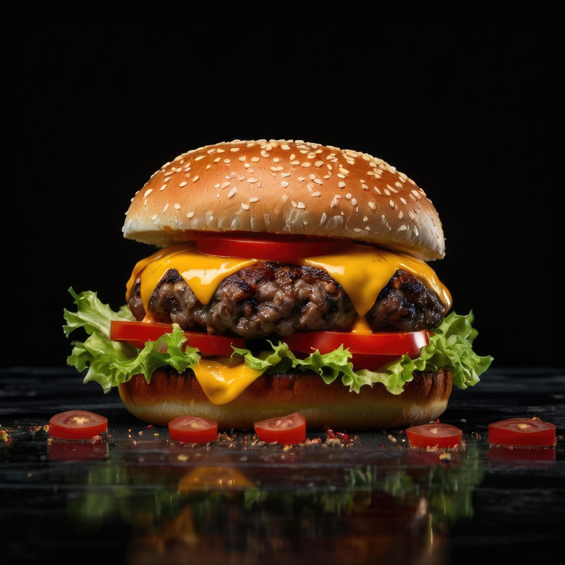 Cheese burger with bacon on black dark background Stock Free