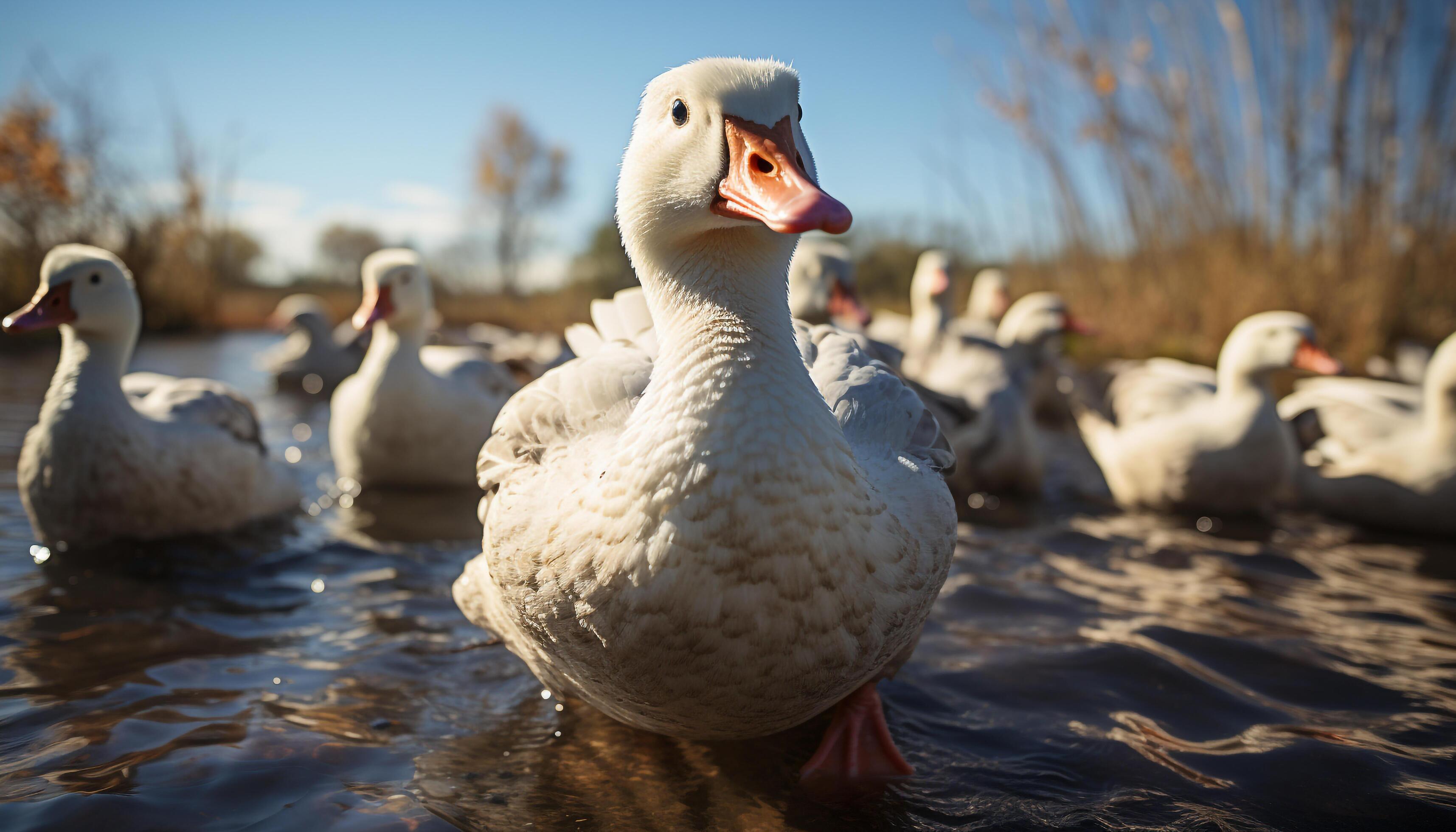 AI generated Duck family waddling near pond, enjoying the outdoors generated by AI Stock Free