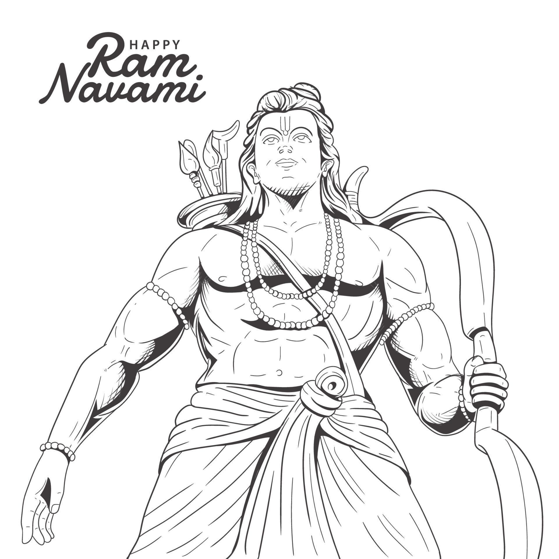 illustration sketch of Lord Rama with bow arrow. Happy Ram Navami Stock Free