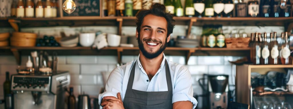 Smiling Young Proprietor Proudly Running His Own Cafe or Restaurant Business Stock Free