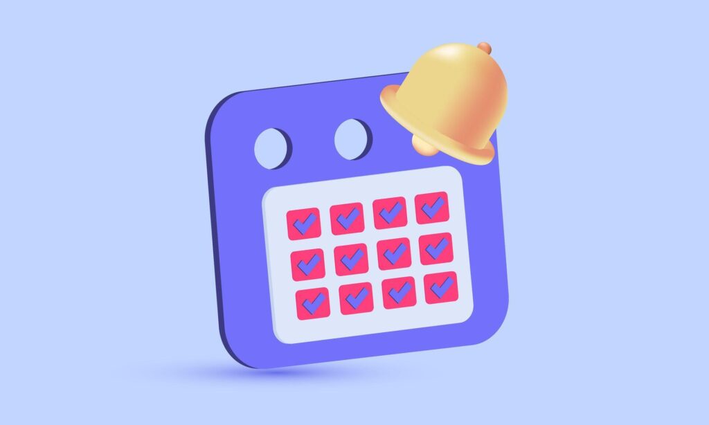 3d realistic icon purple calendar check mark date bell design Stock Free