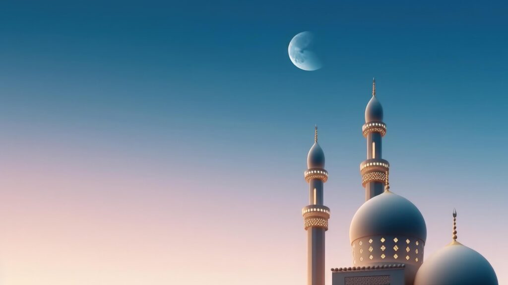 Mosques Dome on dark blue twilight sky and Crescent Moon on background Illustration Stock Free