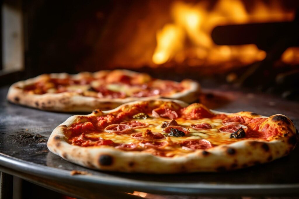 two pizzas are sitting in front of a wood fired oven AI Generated Free Photo